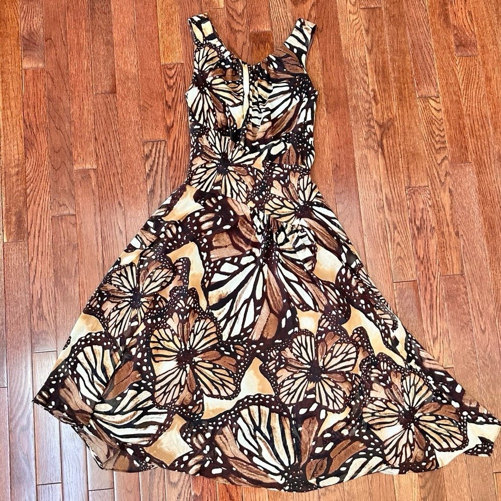 Vintage 2000s Evan Picone Brown Earth Tones Butterfly Asymmetrical Summer‎ Dress